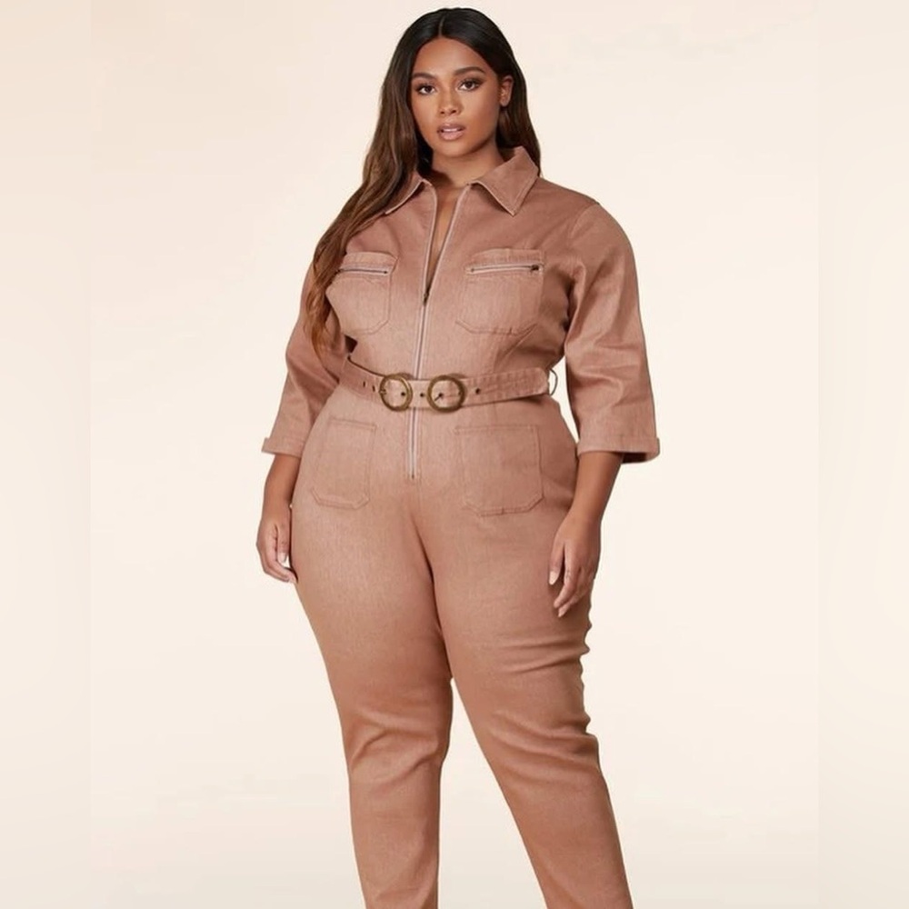 ✨ Women's Plus Size Tan Taupe Jumpsuit with Belt | 🆕